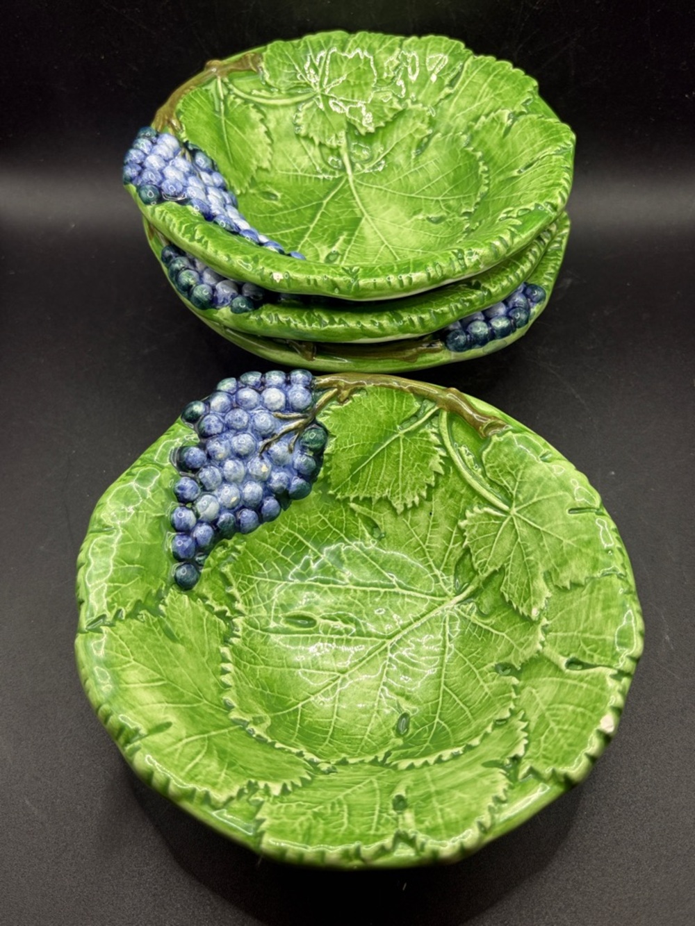 Vintage Italian Majolica Green Leaf Purple Grape Bunch Ceramic Bowls, Set 4